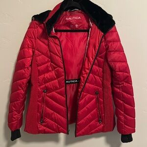 Nautica winter jacket. Red with black furry trim.  Women’s size medium.  EUC
